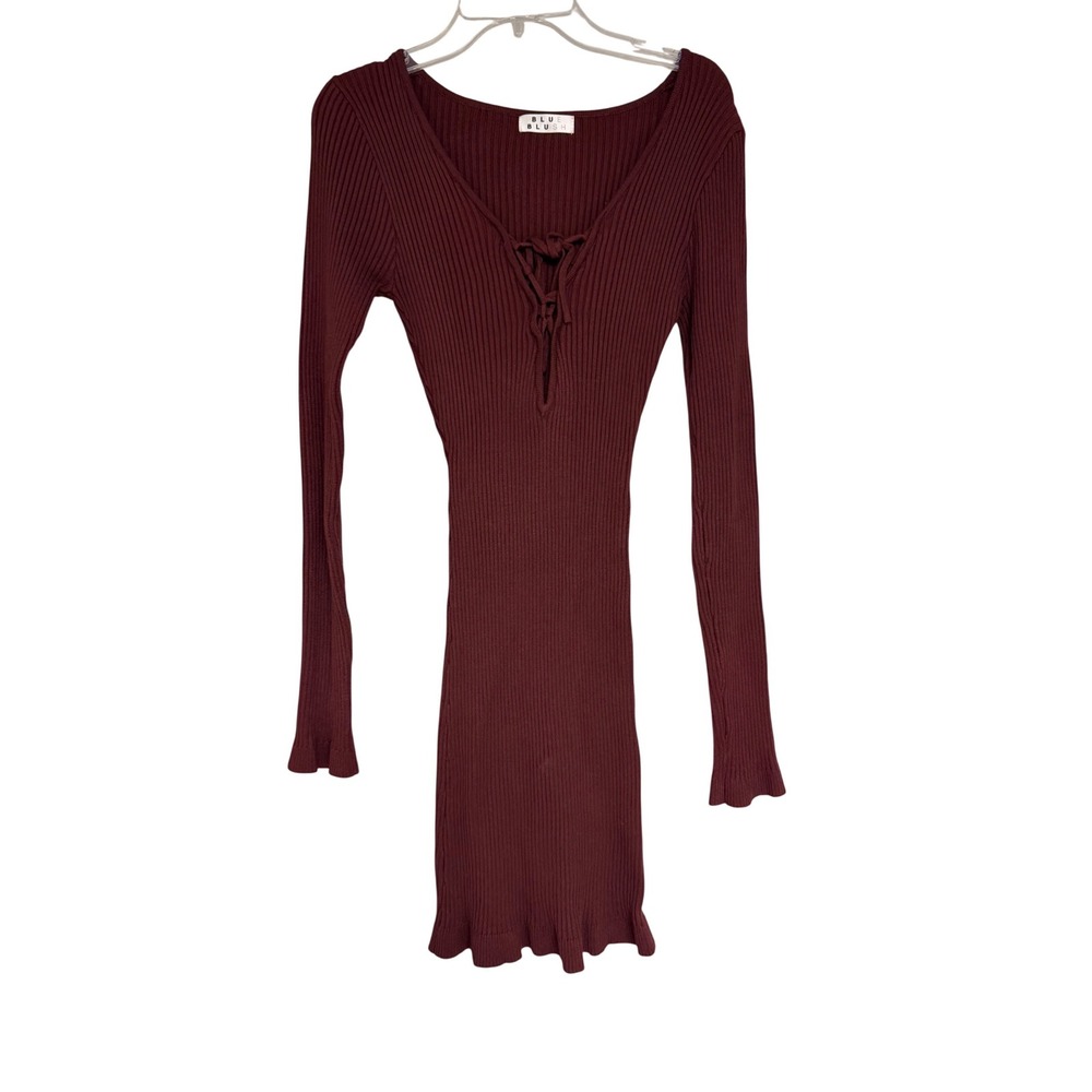 Blue Blush Burgundy Ribbed Lace Up Long Sleeve Mini Dress Ruffle Hem Wine